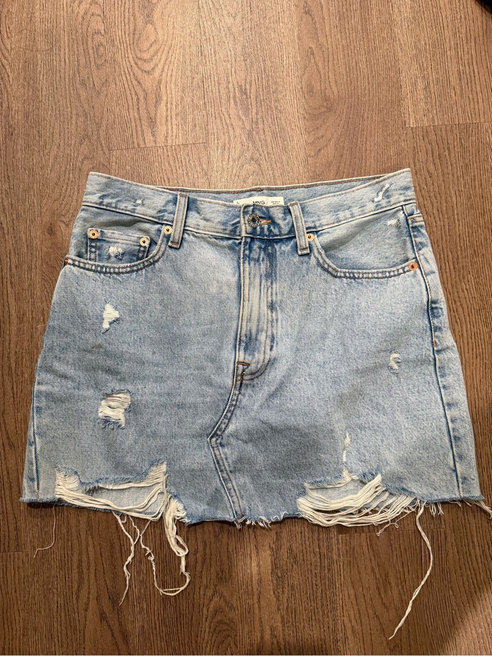 Mango Light Blue Distressed Denim Mini Skirt